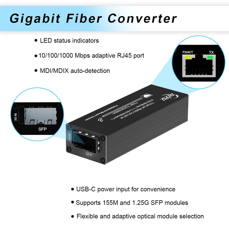 100/1000M SFP Fiber Media Converter A Pair SM 20km DC5V Power Input | Automatic Speed Detection,Compatible With 155M/1.25G SFP Module,3.11 x 1.06 x 0.71 inches,USB Type-C Power Input SMSF