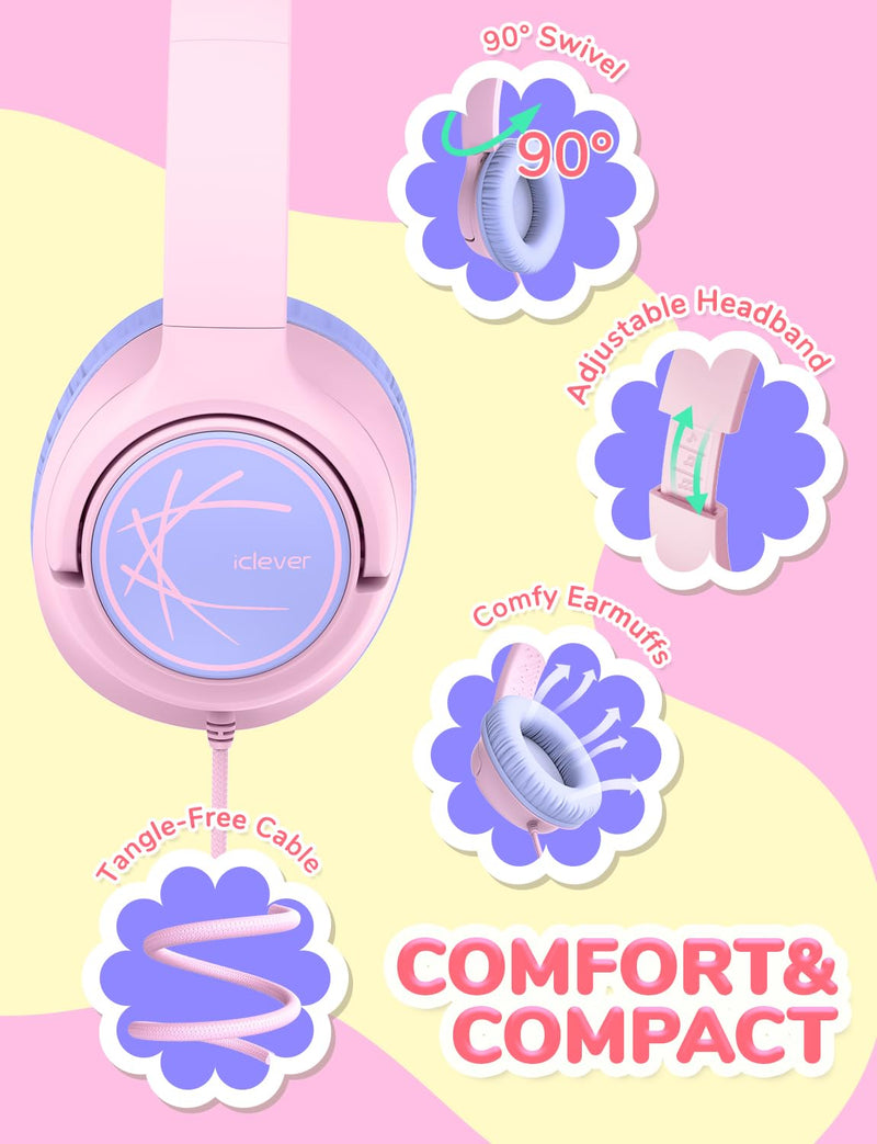 iClever Kids Headphones with Cord, 85dBA Safe Volume Wired Headphones for Kids, Stereo Sound Foldable Adjustable, 3.5mm Jack, Over Ear Kids Headphones for School/Boys/Girls/iPad/Tablet/Travel, Pink