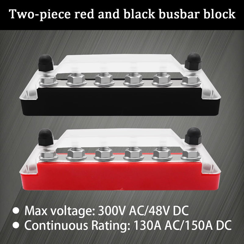 (Red+Black) Power Distribution Terminal Block with Cover with 6 x 1/4” (M6) Post,Battery 12V Bus Bar with Ring Terminals for Car Boat Marine O-078 150A 6 x 1/4" (M6)