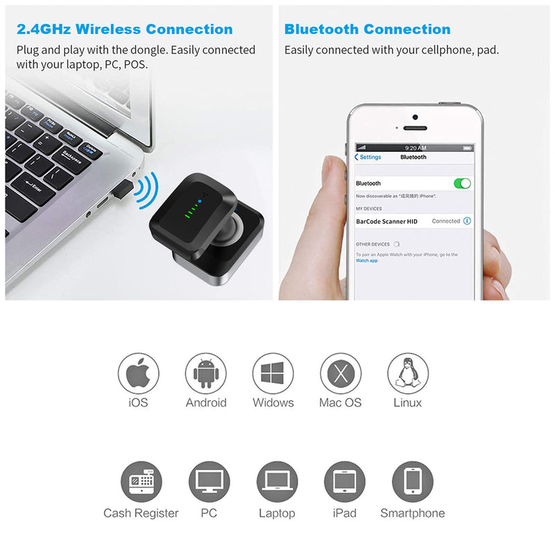 [AUSTRALIA] - Alacrity 2D QR Wireless Barcode Scanner with Charging Base and Battery Level Indicator Bluetooth & 2.4GHz Wireless & USB Wired 3 in 1 Connection Handsfree Auto-Sense Barcode Reader Scanner 