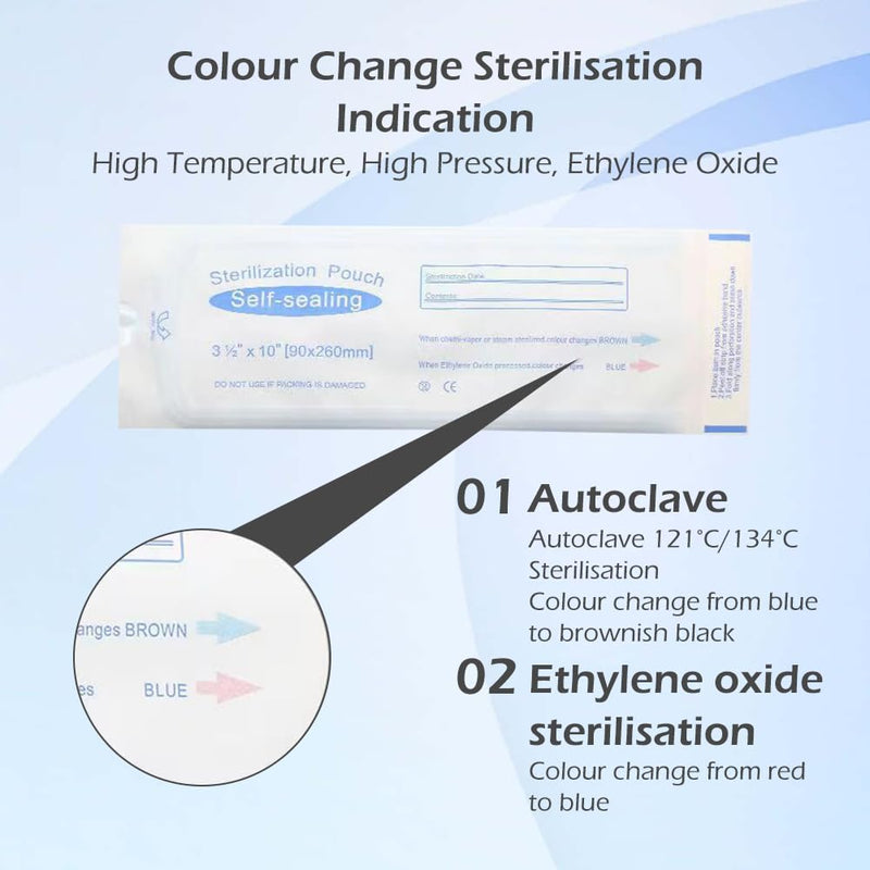 Self-Adhesive Sterilisation Bags, Pack of 100 Self-Sealing Sterilisation Bags, 90 x 260 mm Disposable Sterilisation Bags, Self-Sealing Bag, Sterilisation Bags, Autoclave Steriliser Bag