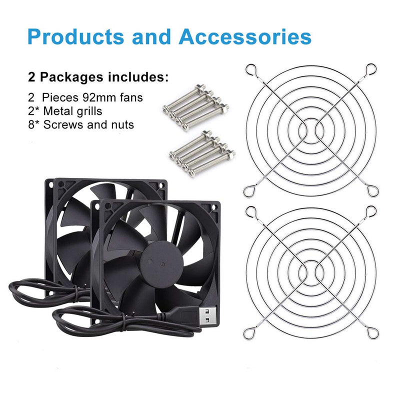 2 Packs Wathai 92mm x 25mm 90mm 5V USB Fan for Receiver AV cabint Game Console PC Laptop TV Box Projector Router Cooling