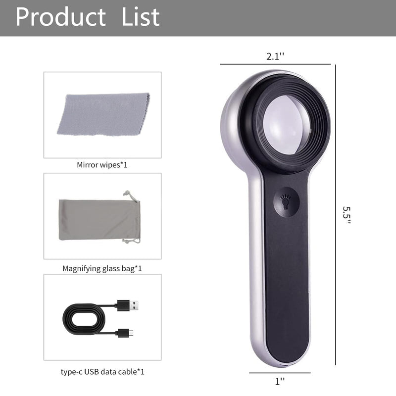 Handheld Magnifier Loupe 60x with UV and LED Lights, USB Rechargeable Illuminated Jewelers Loupe Optical Glass Magnifying Glass for Diamond, Jewelry, Coins, Stamps, Currency, Circuit Board