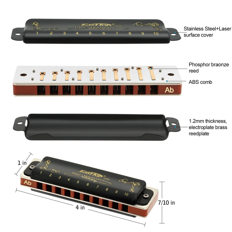 [AUSTRALIA] - East top Diatonic Harmonica Key of Ab 10 Holes 20 Tones 008K Mouth Organ with Black Cover, Top Grade Harmonica for Adults, Professionals and Students 