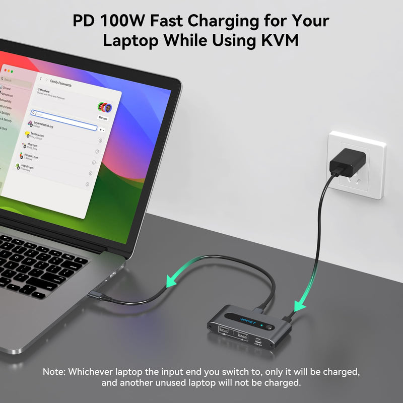 4K@60Hz USB C KVM Switch 1 Monitor 2 Computers HDMI KVM Switch 2 Laptops Share 1 Monitor 3 USB Devices with Up to 100W PD Charging for Windows Mac Laptop