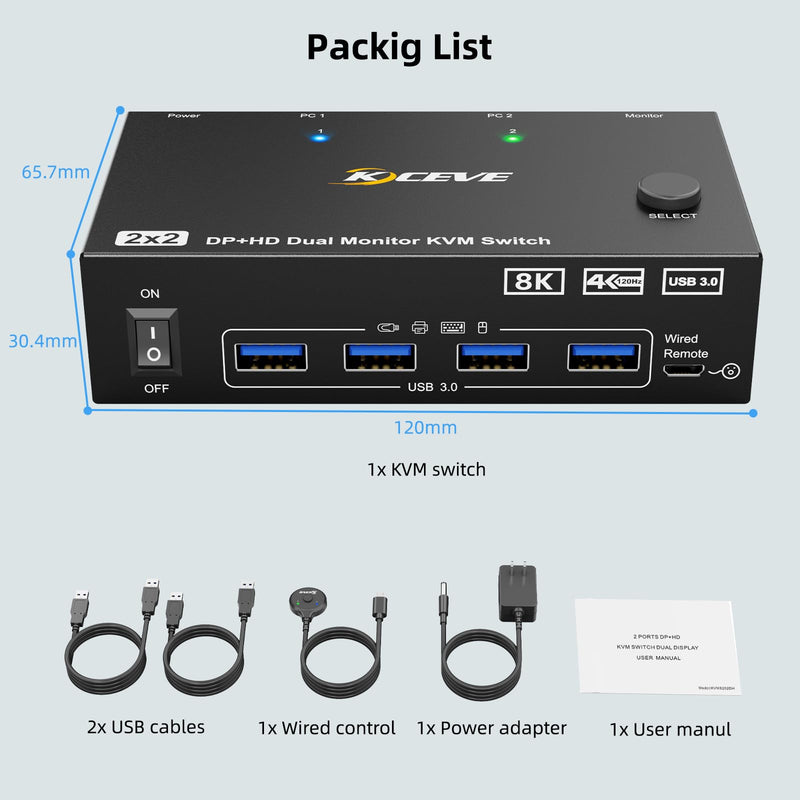 8K KVM Switch 2 Monitors 2 Computers Displayport HDMI, Dual Monitor USB 3.0 DP KVM Switcher Supports 8K@60Hz for 2 Computers Share Keyboard, Mouse and Monitor 2x2 KVM Switch HDMI +DP