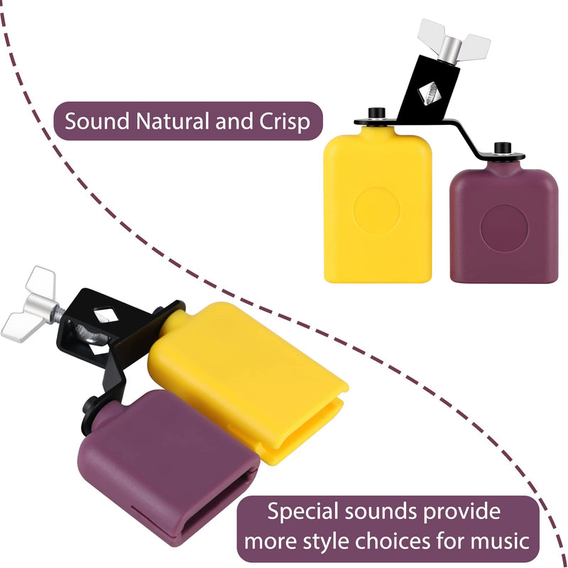 Jam Block,Plastic Cow Bell Double Sambago Bell Jam Block for Band Practice,Festival Performance,Latin Percussion Instrument Kit (Yellow-Purple) 6.2 inch Yellow-Purple