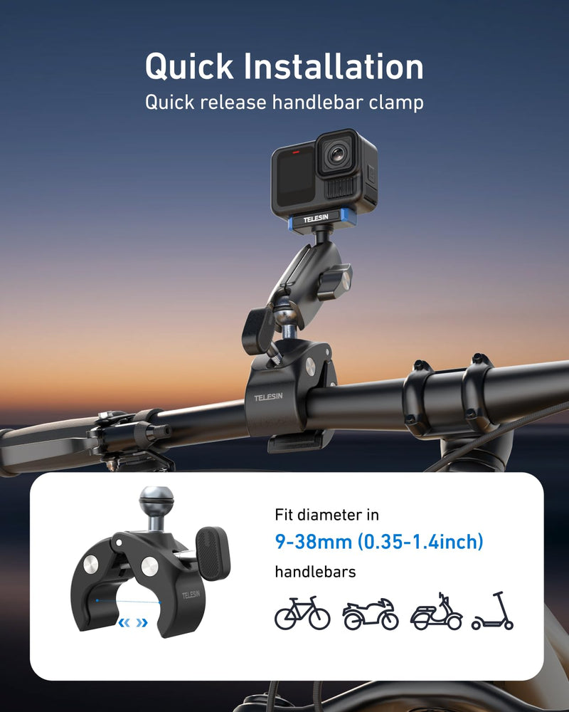 [AUSTRALIA] - TELESIN Super Clamp Mount | Bike Handlebar Mount for Hero 13 | Power Suction Magnetic Design | 360° Rotation Ball Head | Fits 9-38mm Handlebar for Bike/Bicycle/Motorcycle 