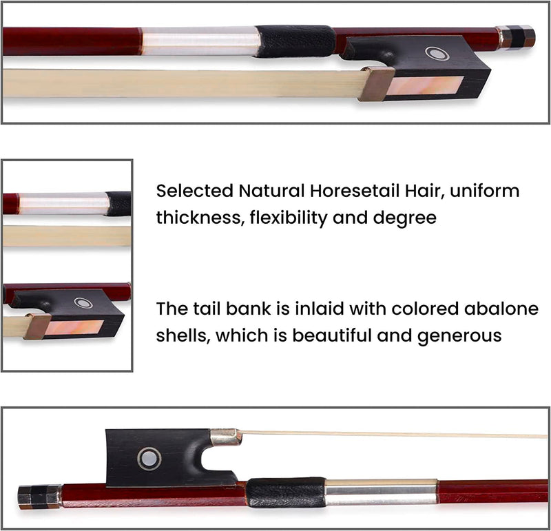 ADM 4/4 Full Size Student Violin Bow, Well Balanced Handmade Brazilwood Bow with Horsehair, Ebony Frog with Pearl Eye and Pearl Slide, Brown 4/4 Size