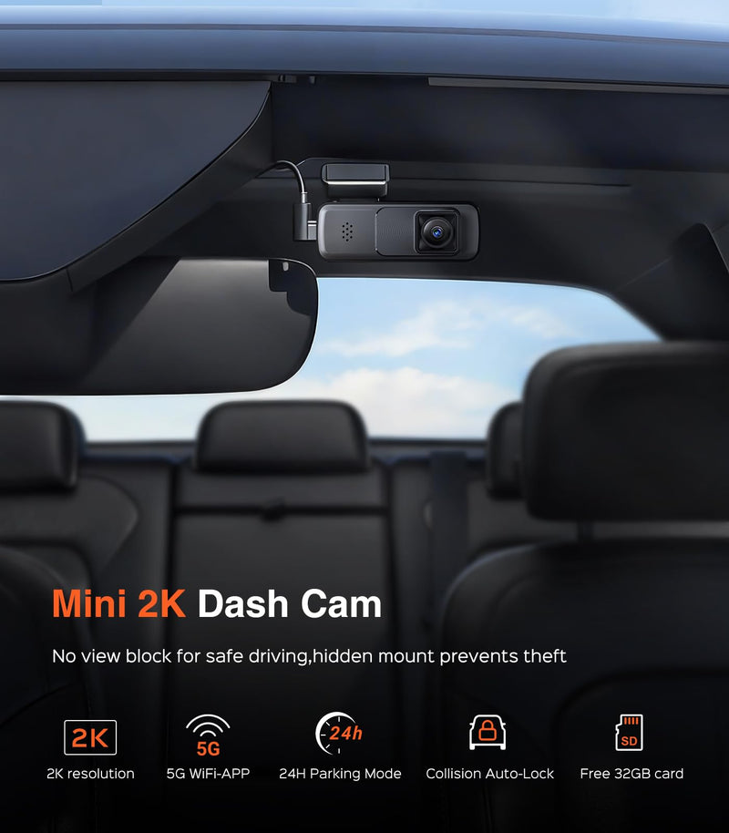 AINAVI Front Dashcam for Cars with 32G Card, Mini 2K Dash Camera, Dash Cam Built-in WiFi Wireless with APP Control, Hidden-Style Single Car Camera/WDR/Night Vision/G-Sensor/24H ParkingMode