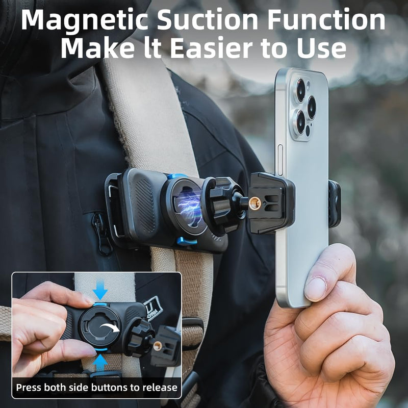 Magnetic Phone Clip Mount for Backpack Strap, 360° Rotating Hands-Free Phone Holder Compatible with iPhone 17/16/15 Pro Max, Samsung and Most Smartphones