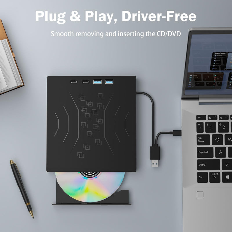 Wbacon 7 in 1 External CD/DVD Drive for Laptop, USB 3.0 External CD Drive | CD DVD +/-RW Disk Drive, Portable CD/DVD Player Burner Reader Writer for Laptop Desktop PC Windows 11/10/8/7/XP Mac Linux External DVD Drive
