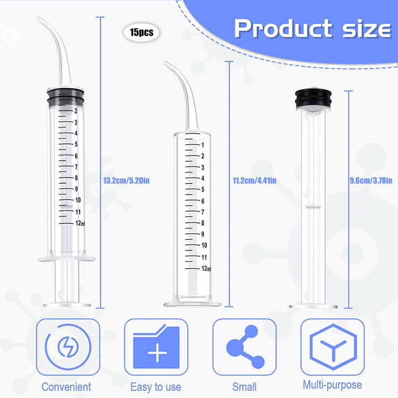 WZYTEU Pack of 15 Disposable Dental Syringe 12 ml with Curved Tip for Dental Care, Pet Care, Glue Filling, Laboratory