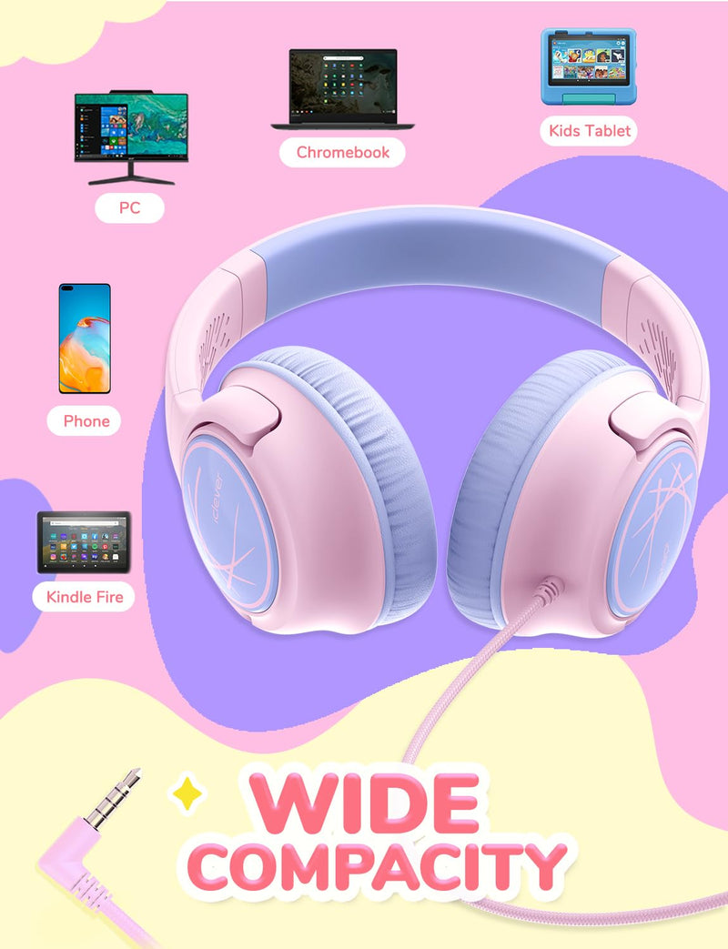 iClever Kids Headphones with Cord, 85dBA Safe Volume Wired Headphones for Kids, Stereo Sound Foldable Adjustable, 3.5mm Jack, Over Ear Kids Headphones for School/Boys/Girls/iPad/Tablet/Travel, Pink