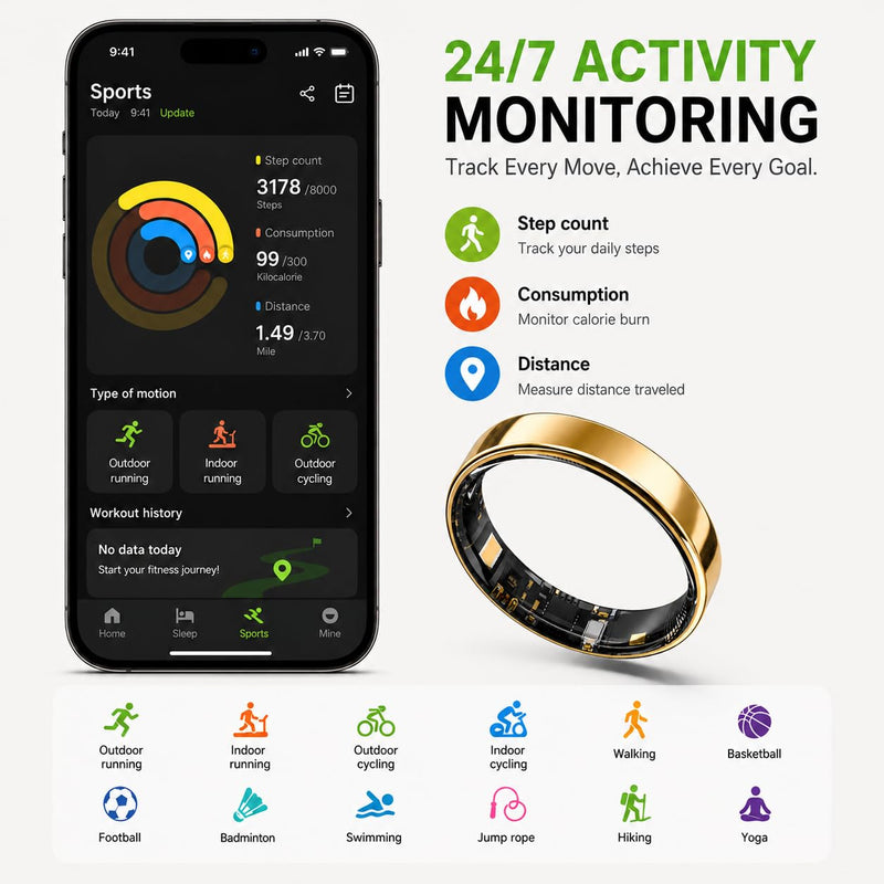 Smart Ring for Women Men, Ultra Thin Health Tracker Ring with Sleep Monitoring, Fitness Tracking, Heart Rate Sensor, Waterproof Wearable, No Subscription Fee, iOS & Android Compatible（Gold 11） Gold