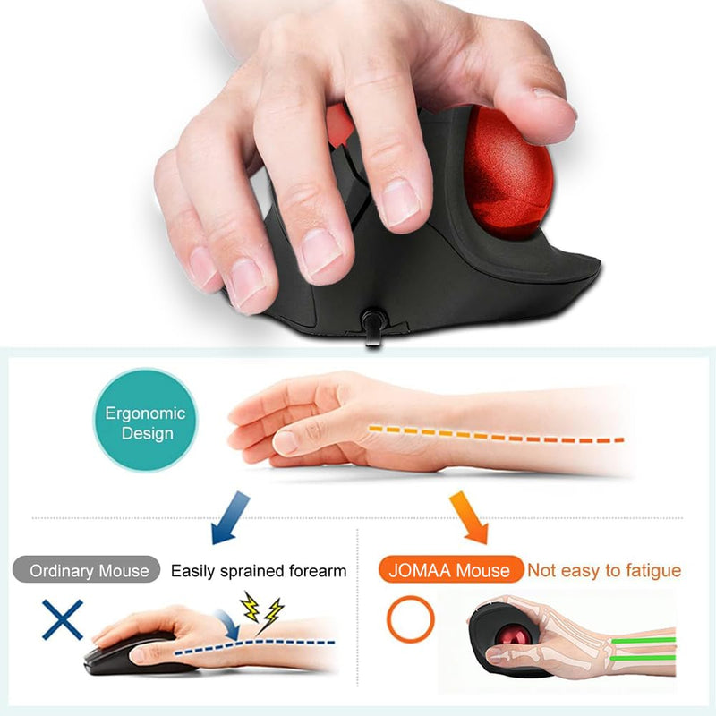 JOMAA Wired Trackball Mouse – 6-Button Ergonomic Design with CPI Switch (400/800/1200/1600), Red LED Indicator, 250Hz Polling Rate, Plug & Play, for PC, Laptop, Desktop (Red)