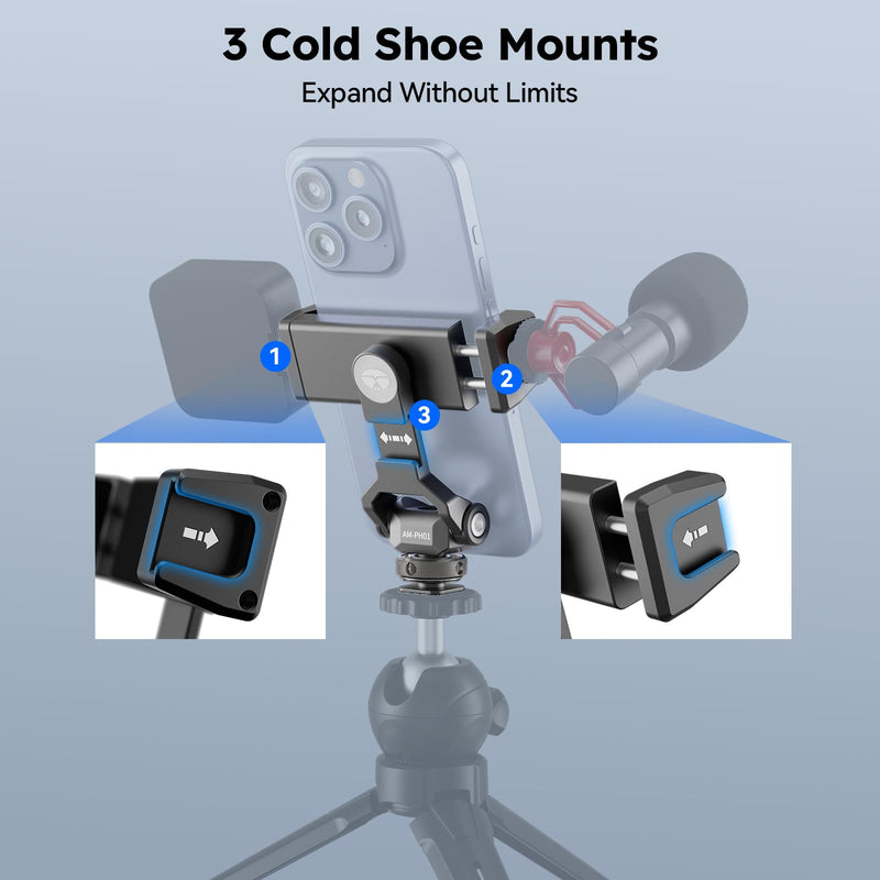 Sirui Metal Phone Holder with Cold Shoe Base for Camera Mount, Universal Tripod Smartphone Clamp with 3 Cold Shoes, Adjustable Cellphone Tripod Mount for iPhone 16 15 14, etc. Gunmetal, AM-PH01