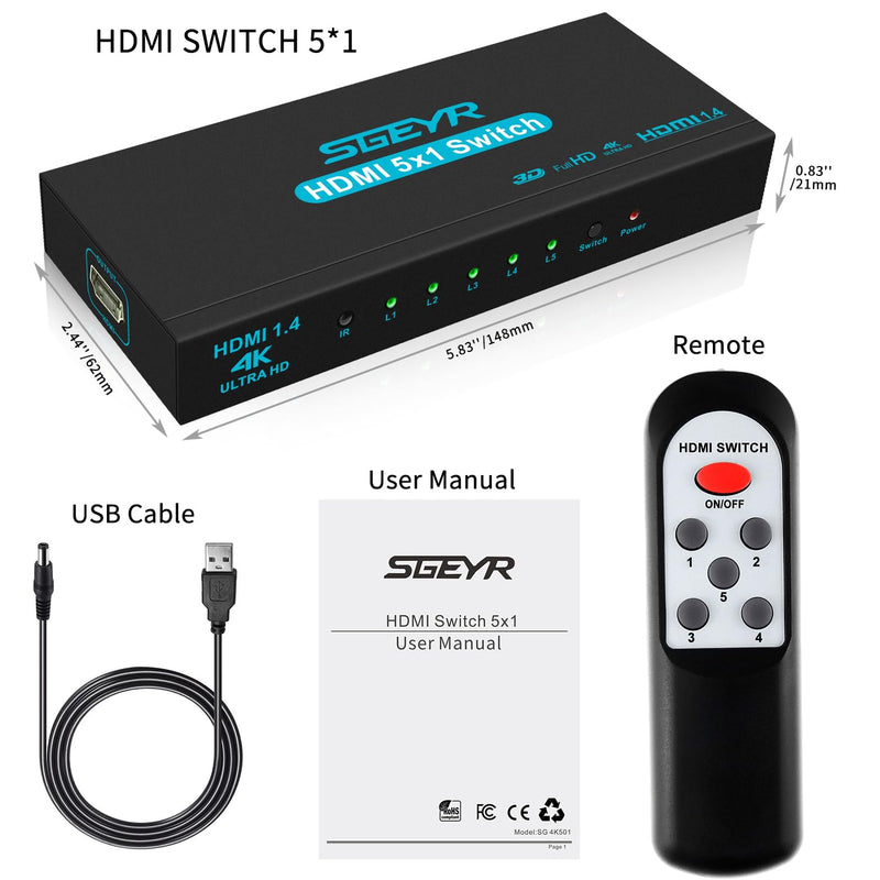 HDMI Switch SGEYR 5x1 HDMI Switcher 5 in 1 Out HDMI Selector 5 Port Box with IR Remote Control HDMI 1.4 HDCP 1.4 Support 4K@30Hz Ultra HD 3D 2160P 1080P Blue