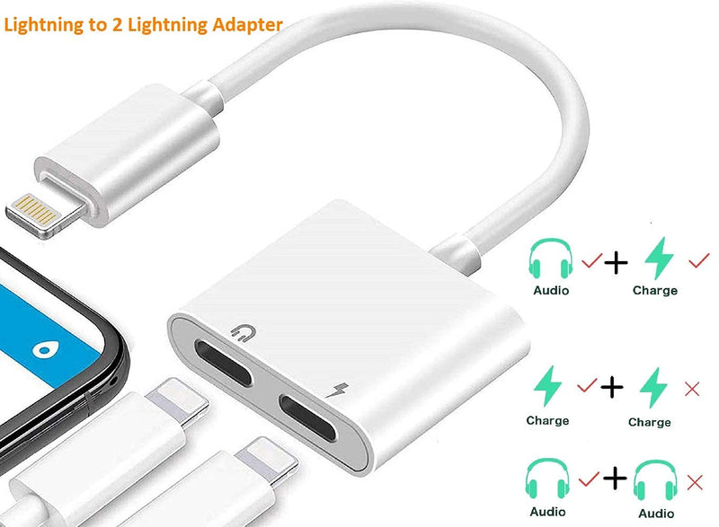 [Apple MFi Certified] 2PACK iPhone Lightning to 2 Lightning Adapter, Dual Lightning AUX + Charger Adapter Dongle Cable Splitter Compatible with iPhone 12/11/SE/X/XR/XS/8/7/6 Support Call + Charging White