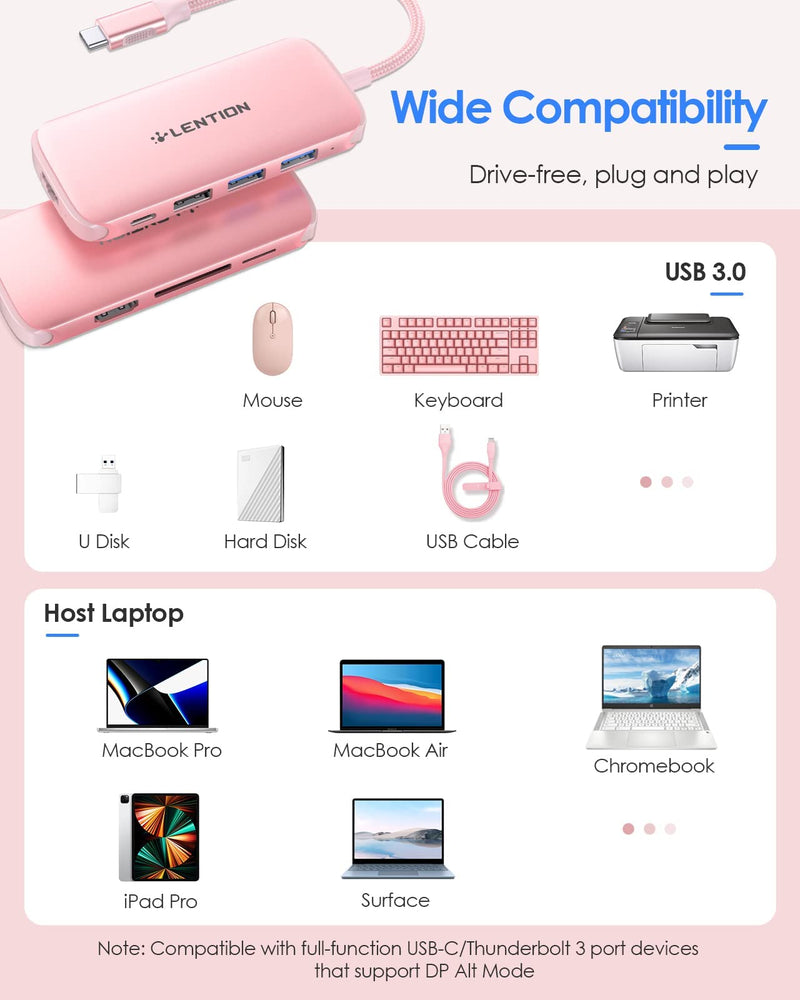 LENTION Ultra-Thin USB C Hub with Ethernet, 4K HDMI, USB 3.0/2.0, Card Readers & PD Adapter for 2022-2016 MacBook Pro 13/15/16/M1, New Mac Air & Surface, Chromebook, More (CB-C48, Rose Gold)