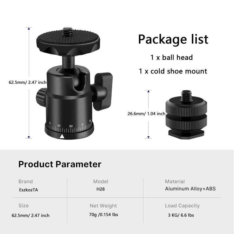 Universal 1/4" Swivel Mini Ball Head Screw Tripod Mount with Hot Shoe Mount, EszkozTA 360° Panoramic Rotating Mount Base Adapter for DSLR Cameras HTC Vive Tripods Monopods Light Stand Black