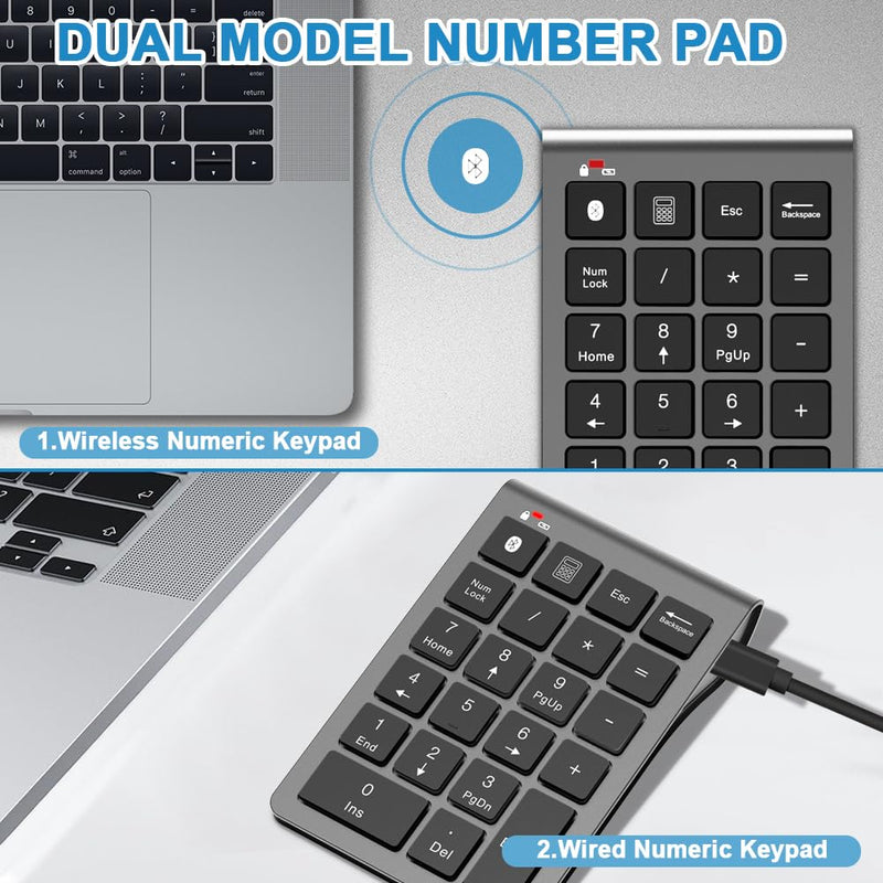 [AUSTRALIA] - Bluetooth Number Pad Wireless & Wired 10 Key USB Keypad Two in One, Rechargeable Numpad for Laptops, Desktop, Computers Accessories Compatible with MacBook iPads ChromeBook EliteBook Notebook etc. Metal Grey 