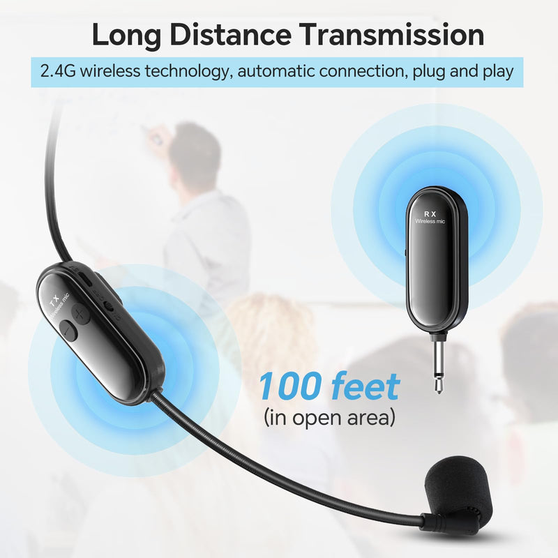 XIAOKOA Wireless Microphone Headset, 2.4G Head Microphones System, USB-C Charging, 100 Feet Range, for Teaching Fitness Instructor Tour Guide