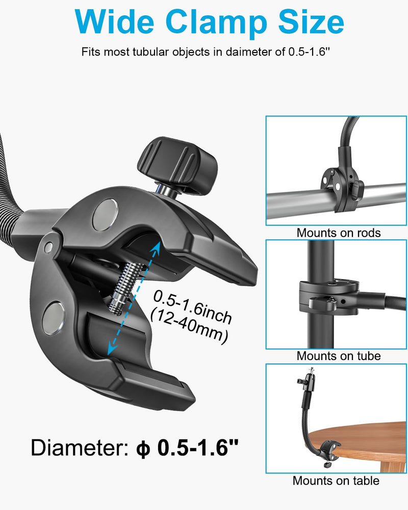 woleyi Gooseneck Super Clamp Camera Mount, 360° Ballhead Adjustable Arm Flex Clamp with 1/4"-20 Thread for Rod | Plate | Mic Tube | Bike Handlebar, for DSLR Camera/Gopro Hero 13 12/LED Lights/Insta360