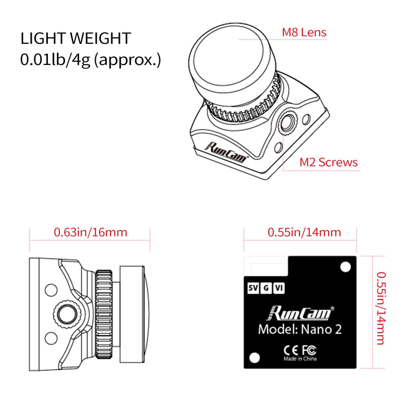 RunCam FPV Camera Nano 2, 700TVL 1/3” CMOS Wide Angle NTSC Compact Mini Micro Analog FPV Camera Module, for RC FPV Drone Toothpick Style Quadcopter Helicopters RC Racing Car 2.1mm FOV 155°