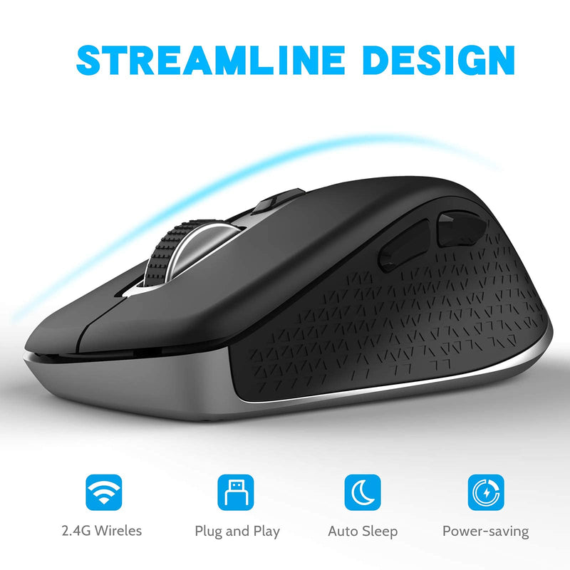 Wireless Mouse 2.4G Noise-Free Cordless Mouse 5 Adjustable DPI (up to 2400) 6 Buttons Portable Computer Silent Mouse with USB Nano Receiver, Suitable for Laptops Computers Macs Laptops (Black) 1 Park Black