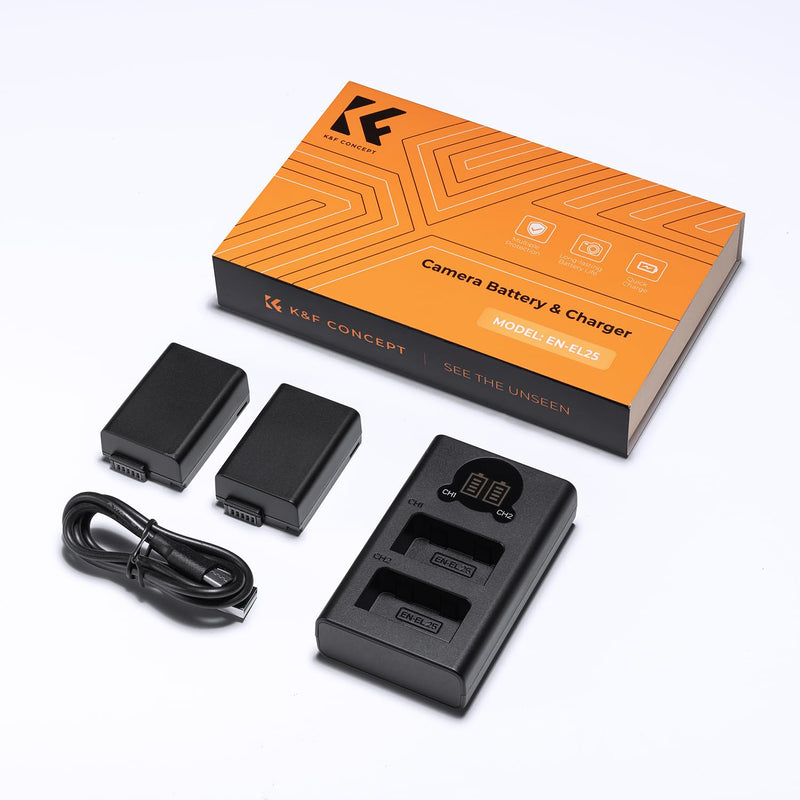 K&F Concept 1600mAh EN-EL25 EN-EL25A Battery and Charger Set, 2 Pack for Nikon Z30 Z50 ZFC Camera, Replacement Batteries with LCD Dual Slot Charger
