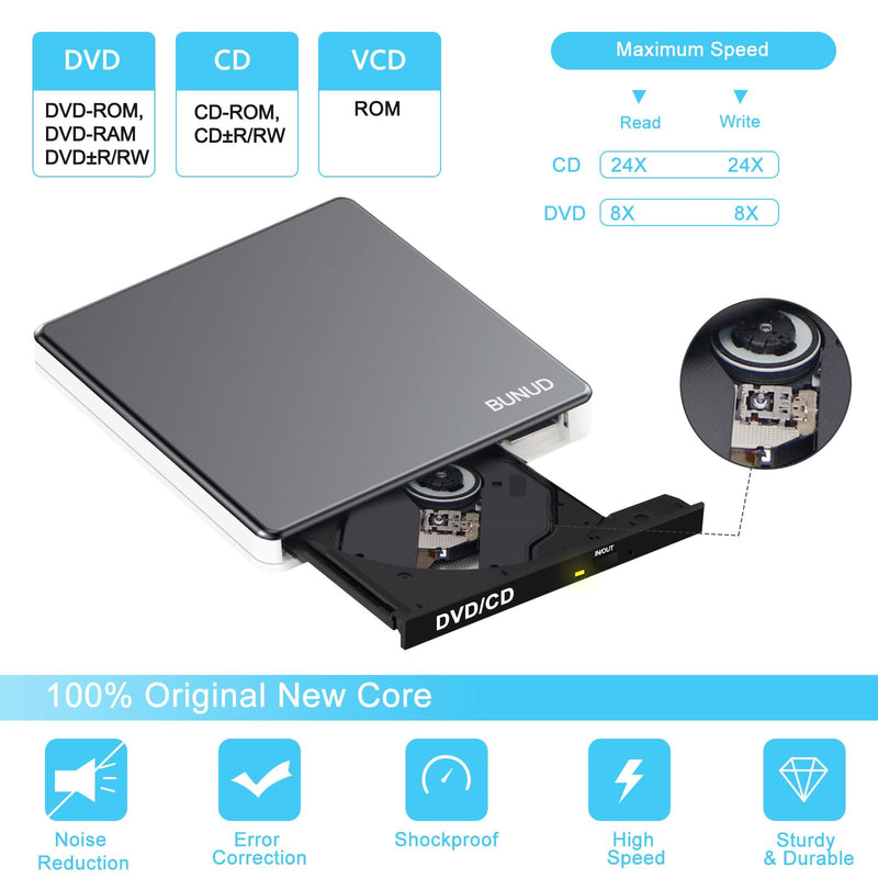 BUNUD External DVD Drive for Mac, Plug & Play with Reliable USB/SD/TF Ports | USB 3.0 & USB C DVD Player for Laptop PC, Portable CD Burner Reader SuperDrive for MacBook Windows, Aluminum Alloy, Grey
