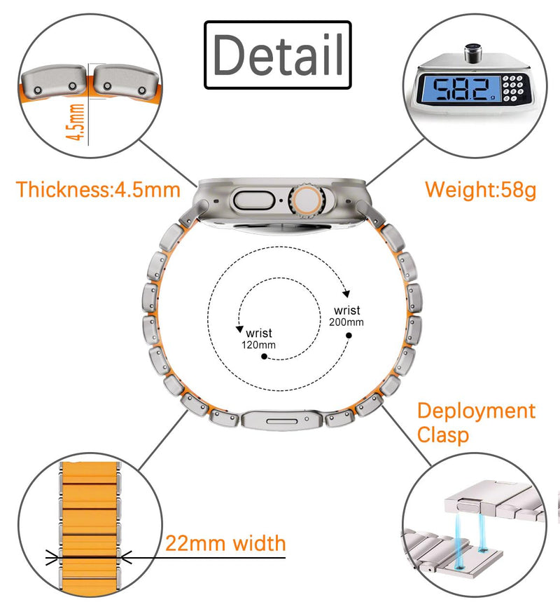 22mm Titanium Watch Band, Silicone Lined, DLC-Coated, MAG | MaKTech Lightweight Bracelet, Magnetic Clasp, for Galaxy Watch 46mm, HUAWEI GT6 46mm, Garmin Forerunner 47mm Silver/Orange