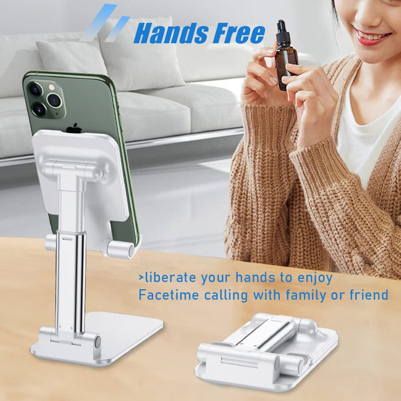 Cell Phone Stand, Angle Height Adjustable Cell Phone Holder with Silicon Pad for Desk Fully Forldable Mobile Phone Holder Compatible with All Mobile Phones, MT-6, (White) White