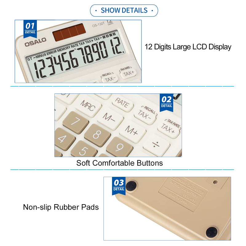 Pendancy 12 Digit Office Calculator Desktop with Tax+/- for Advanced Tax Calculation, Large LCD Display Big Buttons, Dual Power Durable Portable Design, for Financial Accounting Business Use 130T-Brown