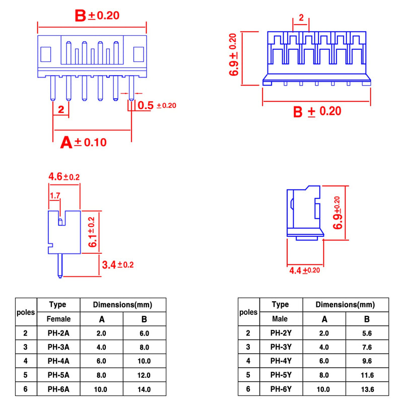 Taiss 580PCS JST PH Connector kit 2.0mm 2/3/4/5/6Pin Housing,Female and Male Adapter Cable Connector Plug,PH2.0mm Female Pin Connectors,JST Connector F-066-580PCS JST PH2.0mm Connector kit