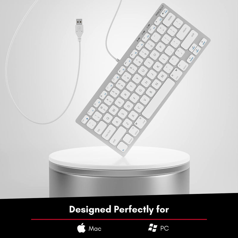 Macally Small Wired Keyboard for Mac and Windows - 78 Scissor Switch Keys Compatible Apple Keyboard - USB Mini Keyboard That Saves Space and Looks Great - Plug and Play Wired Mac Keyboard - Aluminum Silver Aluminum