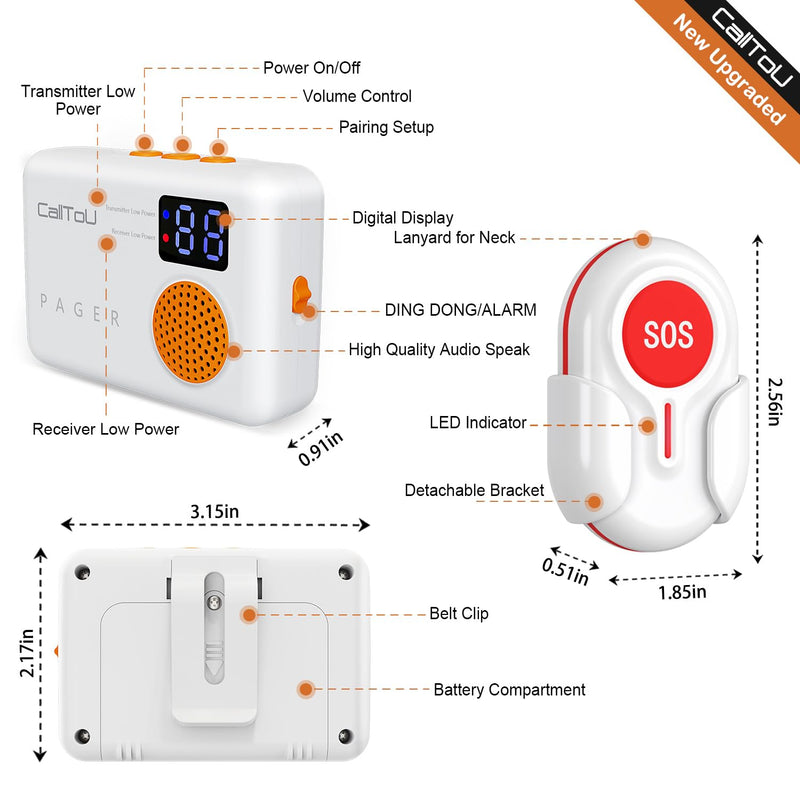 CallToU Caregiver Pager Wireless Call Button 1000FT for Elderly Monitoring Vibration Call Bell Medical Alert System with Digital Display Low Power Reminder 2 Portable Receiver 2 SOS Call Button 2 Call Button + 2 Receiver
