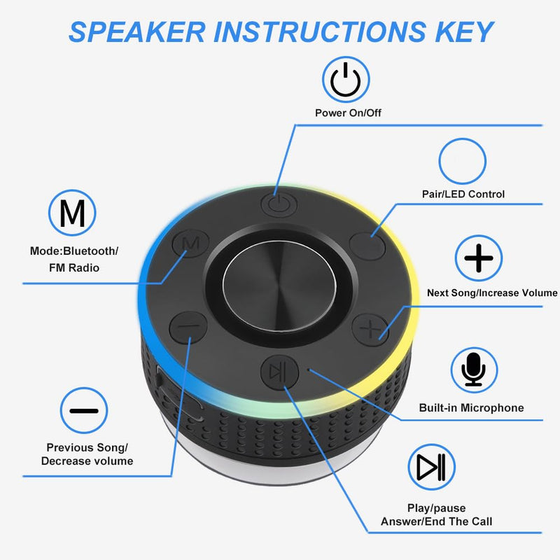 [AUSTRALIA] - Bluetooth Shower Speaker, Portable Speaker Bluetooth 5.3 with Suction Cup, Wireless Speakers Waterproof IP7, RGB Lights, Built-in Mic, Small Speakers for Bathroom, Party, Beach, Pool 2025 new, Black 
