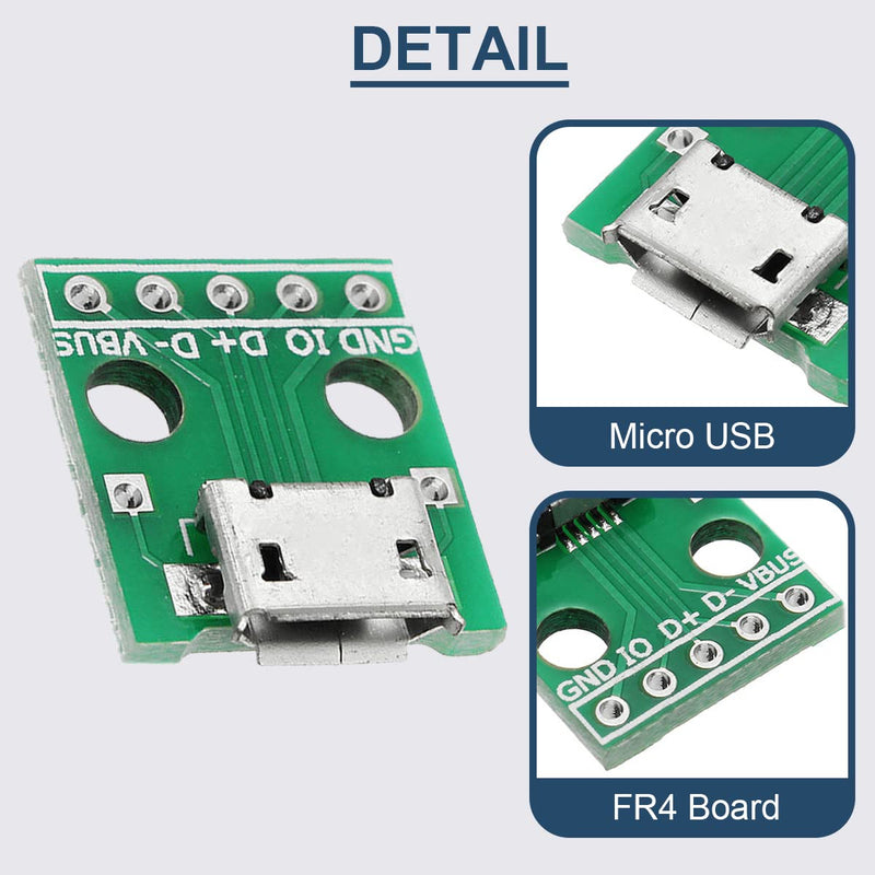 10 Pcs Micro USB Female to DIP Adapter 2.54mm 5 Pin USB 2.0 Micro USB Socket to DIP Converter Breakout Board for DIY Power Supply with 50 Pin Header