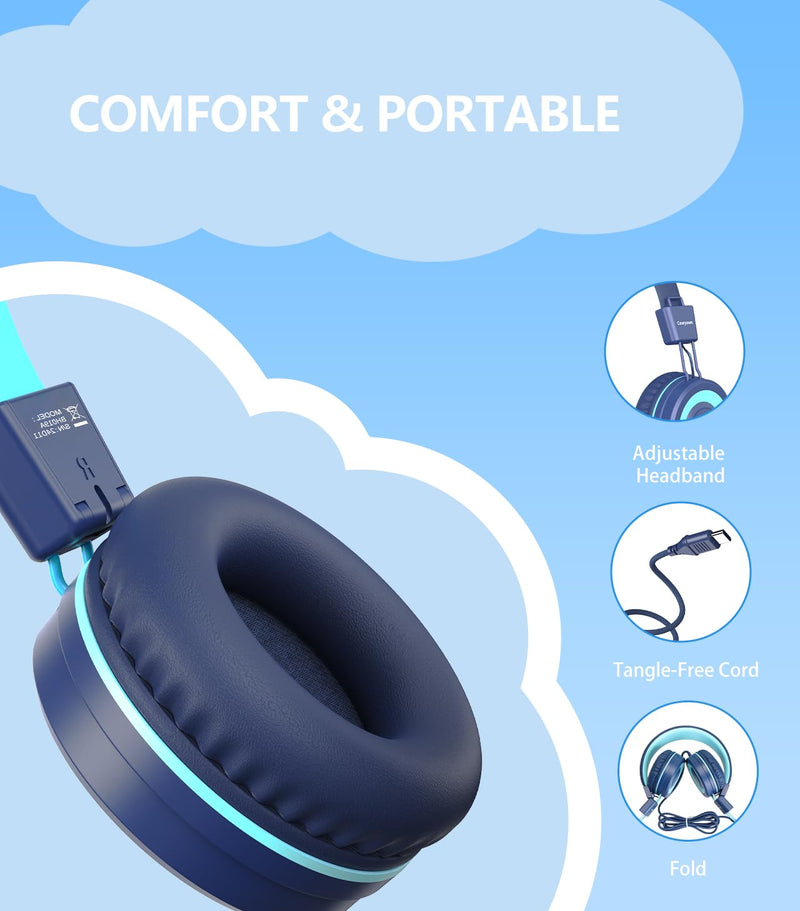 [AUSTRALIA] - Upgrade USB Type C Kids Headphone for School, 94dB Safe Volume Limited, HD Stereo Sound, Foldable Lightweight On-Ear Headphones for Boys/Girls/Students/Tablet/Travel (Dark Blue) Dark Blue 