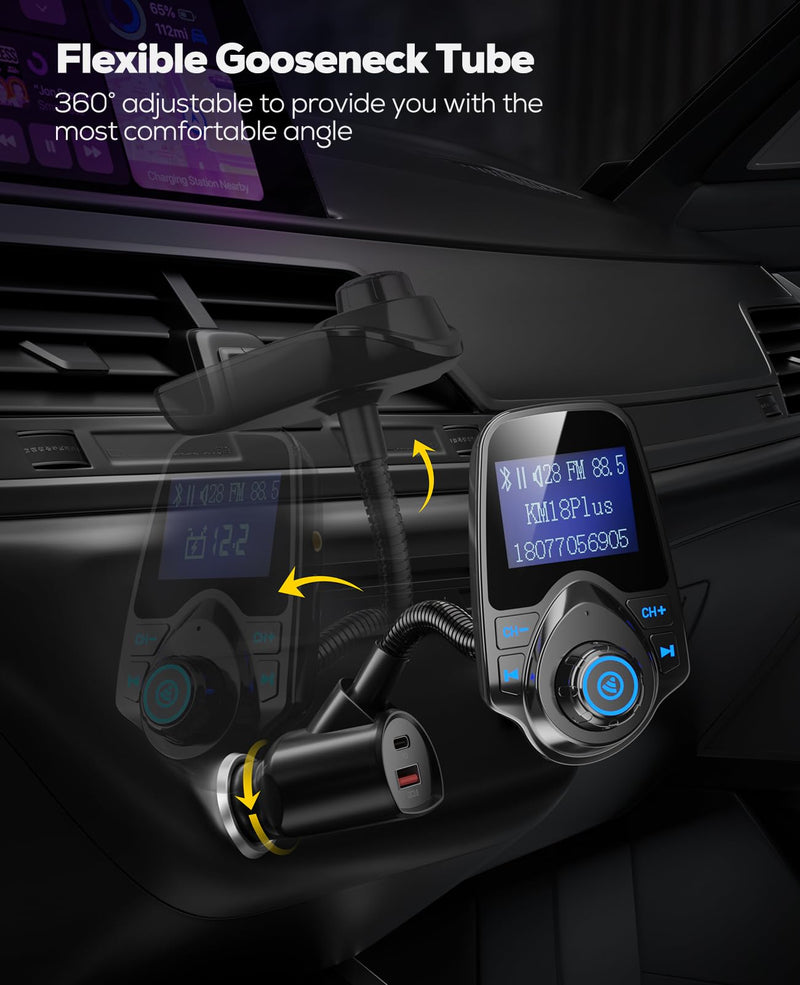 Nulaxy [2026 KM18 Upgraded Version] 48W Bluetooth 5.4 Car Adapter with Fasting Charging Ports [PD 30W & QC3.0 18W], Supports Hands-Free Call, 1.44" Screen Wireless Radio FM Transmitter, Black