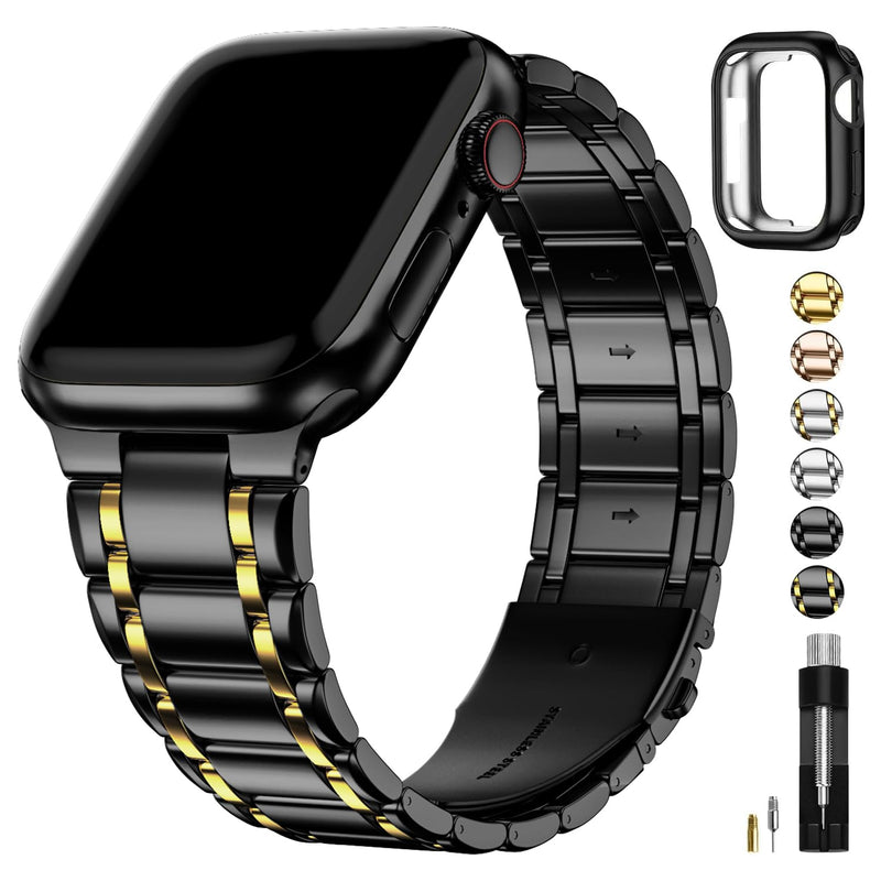Fullmosa Compatible Stainless Steel Apple Watch Band 41mm/40mm/38mm Blue with Case & Compatible Metal Apple Watch Band with case 41mm/40mm/38mm, Black&Gold