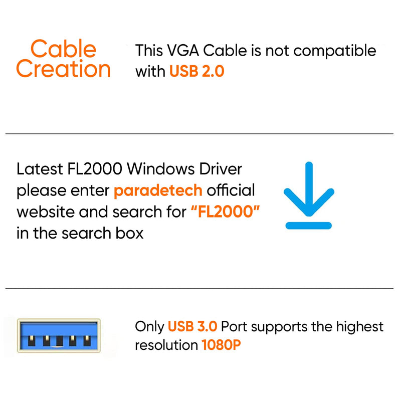CableCreation USB 3.0 to VGA Cable 6 Feet, USB to VGA 15 Pin Adapter Cord 1080 P @ 60Hz, Monitor Display Video Converter ONLY Supports Windows 10/8.1/8/7, Black 6Feet