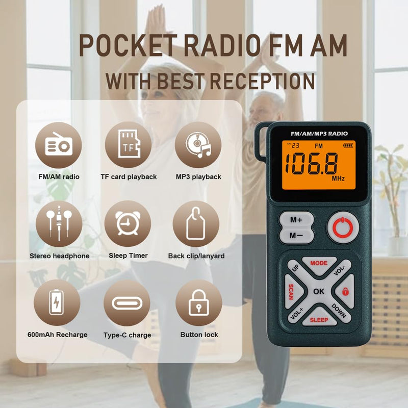 [AUSTRALIA] - Pocket am fm Radio Portable with Stereo Headphones, Mini Transistor Radio Digital Tuning with Excellent Reception, TF Slot, USB-C Rechargeable Battery Operated, Belt Clip for Walking, Jogging (Green) Green 