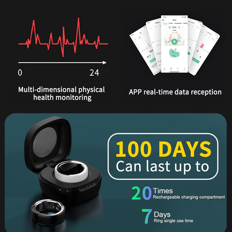 Smart Ring Fitness Tracker - Wearable Smart Health Tracker Sleep Heart Rate for Blood Oxygen for Men Women, IPX8 Waterproof Support 7 Days Battery Life (Black, 10)