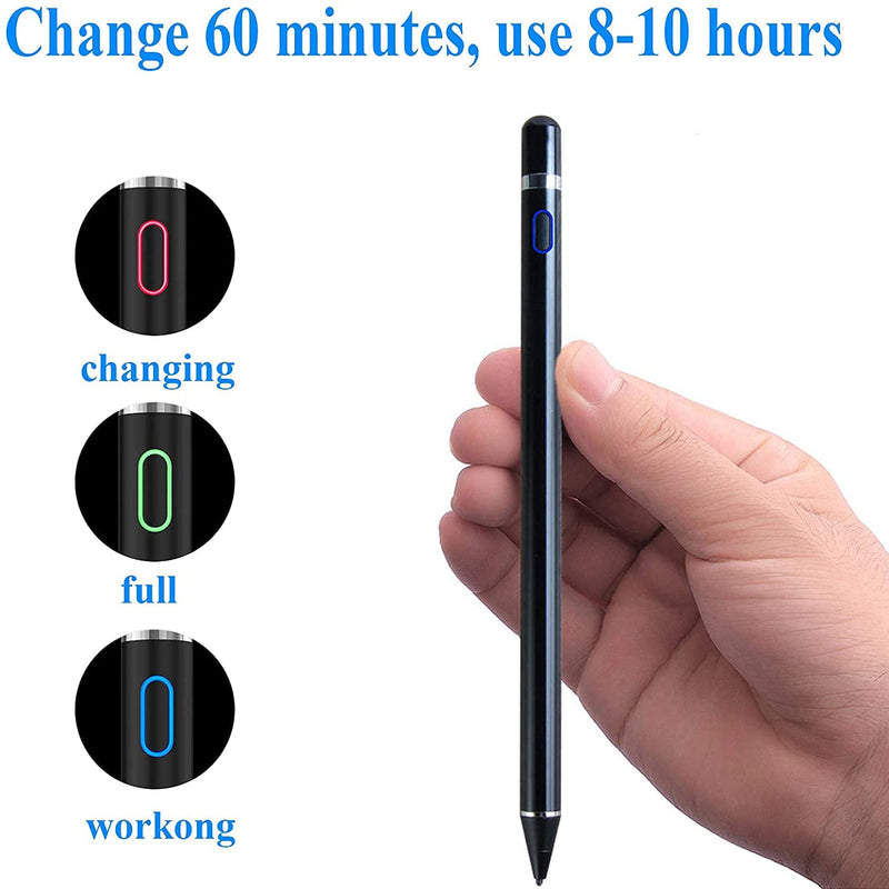 Active Stylus Pen for Android,iOS, iPad/iPad 2/New iPad 3/iPad4/iPad Pro/iPad Mini/iPad Mini 2/3 /4 and Most Tablet,1.5mm Fine Point Rechargeable Digital Stylus Pen（Black）