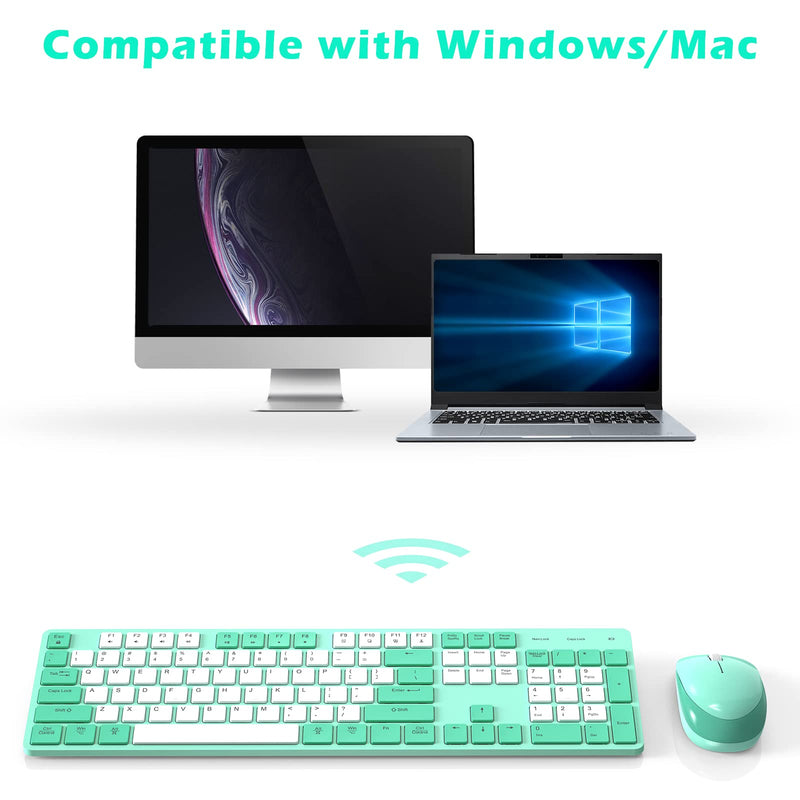POWZAN Wireless Keyboard and Mouse, Ultra Slim Compact Full Size Wireless Keyboard and Mouse Combo 2.4G Ultra-Thin Sleek Design for Windows, Mac, Computer, Desktop, PC, Notebook - (Green White) Green White
