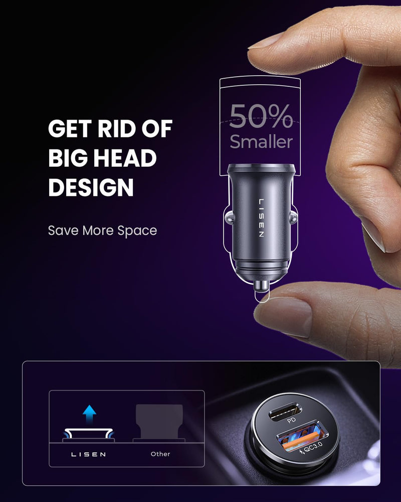 LISEN 48W USB C Car Charger Adapter [2 Pack] [Mini & Metal] Cigarette Lighter USB Charger Fast Charging [PD QC 3.0] USBC Car Phone Charger for iPhone 17 Pro Max Plus 16 Galaxy iPad Silver Kits