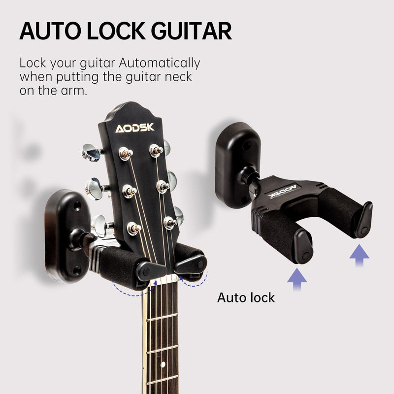 Guitar Wall Mount 3 Pack, Auto Lock Guitar Wall Hanger ,for Acoustic and Electric Guitar, Ukulele, Bass, Banjo and Mandolin,Guitar Accessories，Black